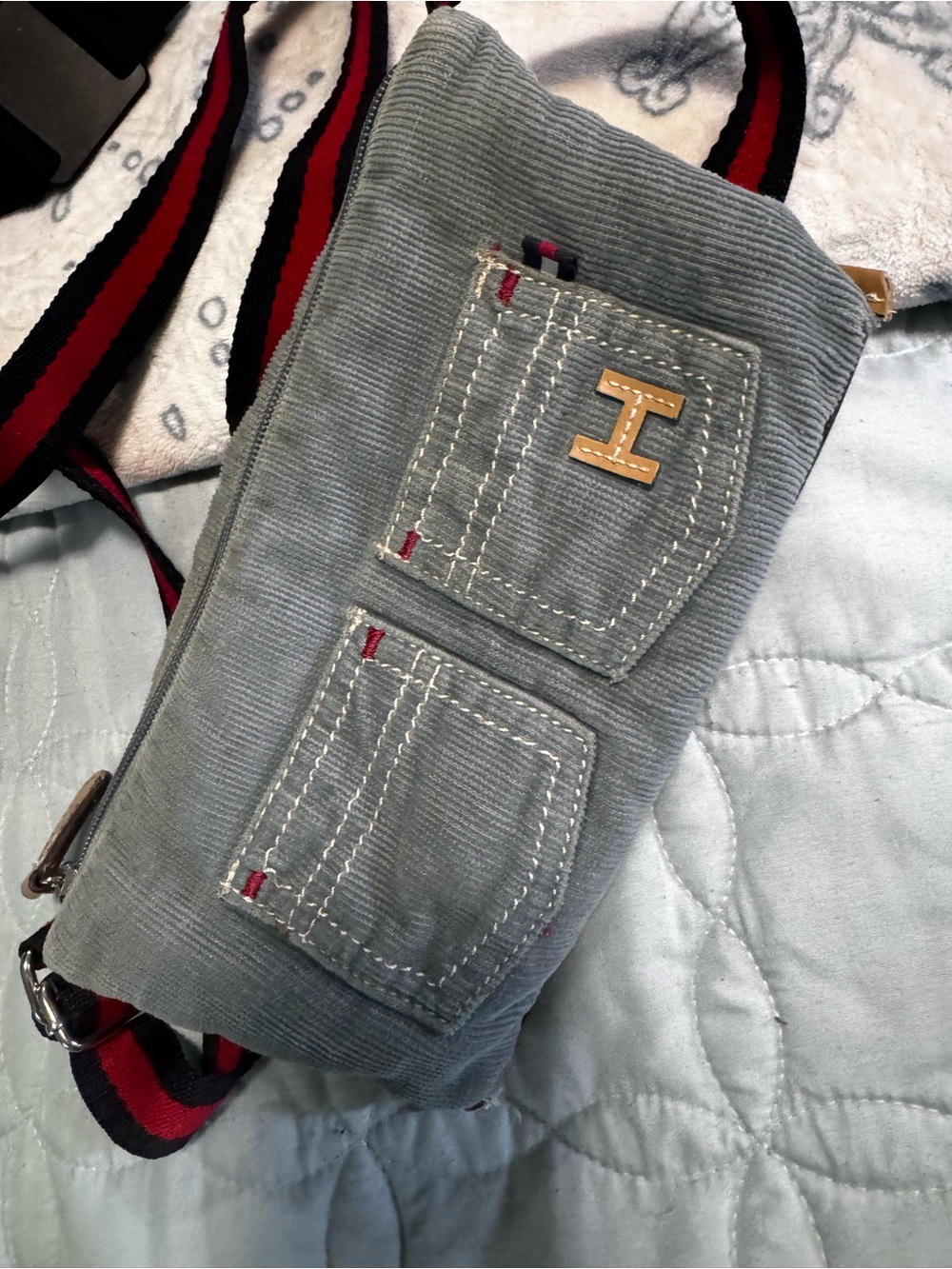 Canvas Crossbody Bag with Striped Shoulder Strap - Gray - Picture 3 of 5